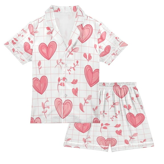Silky Satin Kids' Pajama Set Breathable & Smooth Unisex Button-Down Pajamas Pink Heart