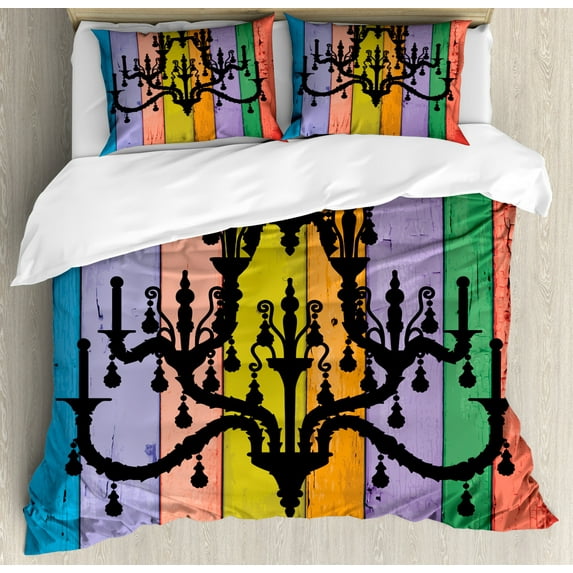 Vintage Duvet Cover Set Queen Size, Vertical Wooden Planks Pattern Print with Weathered Look Chandelier Retro Elements, Decorative 3 Piece Bedding Set with 2 Pillow Shams, Multicolor, by Ambesonne