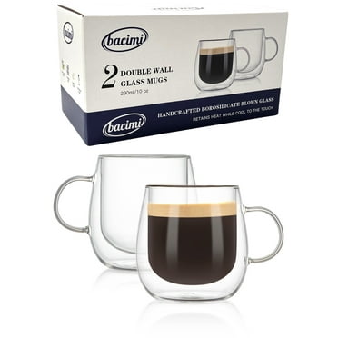 Bacimi Double Wall Insulated Coffee Mugs Set of 2 / 10oz - Clear Borosilicate Mug with Handle - Thermal Drinking Cups for Espresso, Cappuccino, Latte, Tea, Hot Beverage, Wine - Microwave Safe