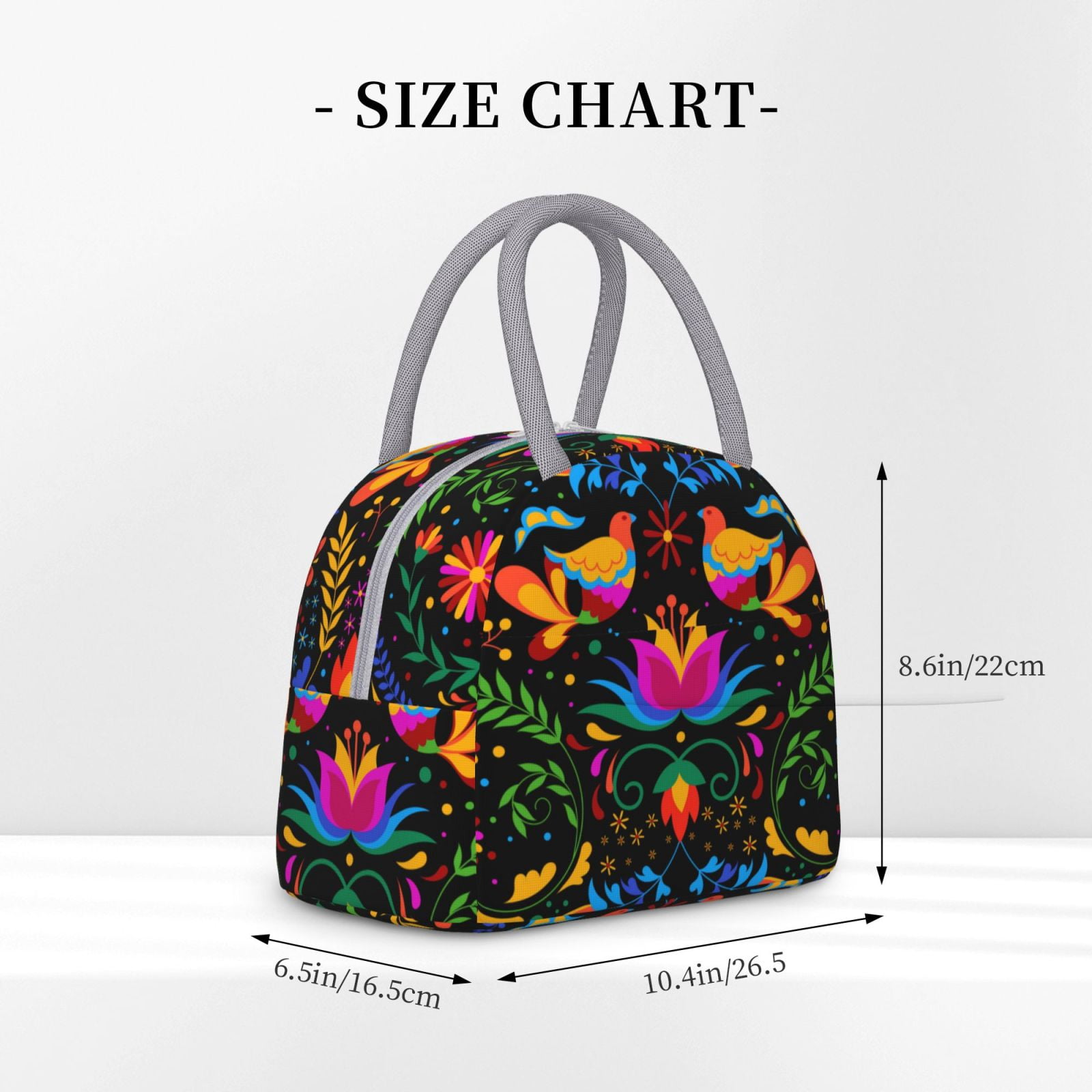 Horeoi Mexican Flower Traditional1 Pattern Large Insulated Lunch Bag for Work, School, Picnic - Waterproof, Durable Oxford Cloth, Comfortable Handle-Light Grey