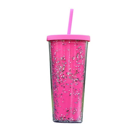 

VEAREAR 24OZ/710ml Water Cup with Straw Glitter Double Wall Wavy Edge Straight Tumbler Juice Iced Coffee Cup Daily Use