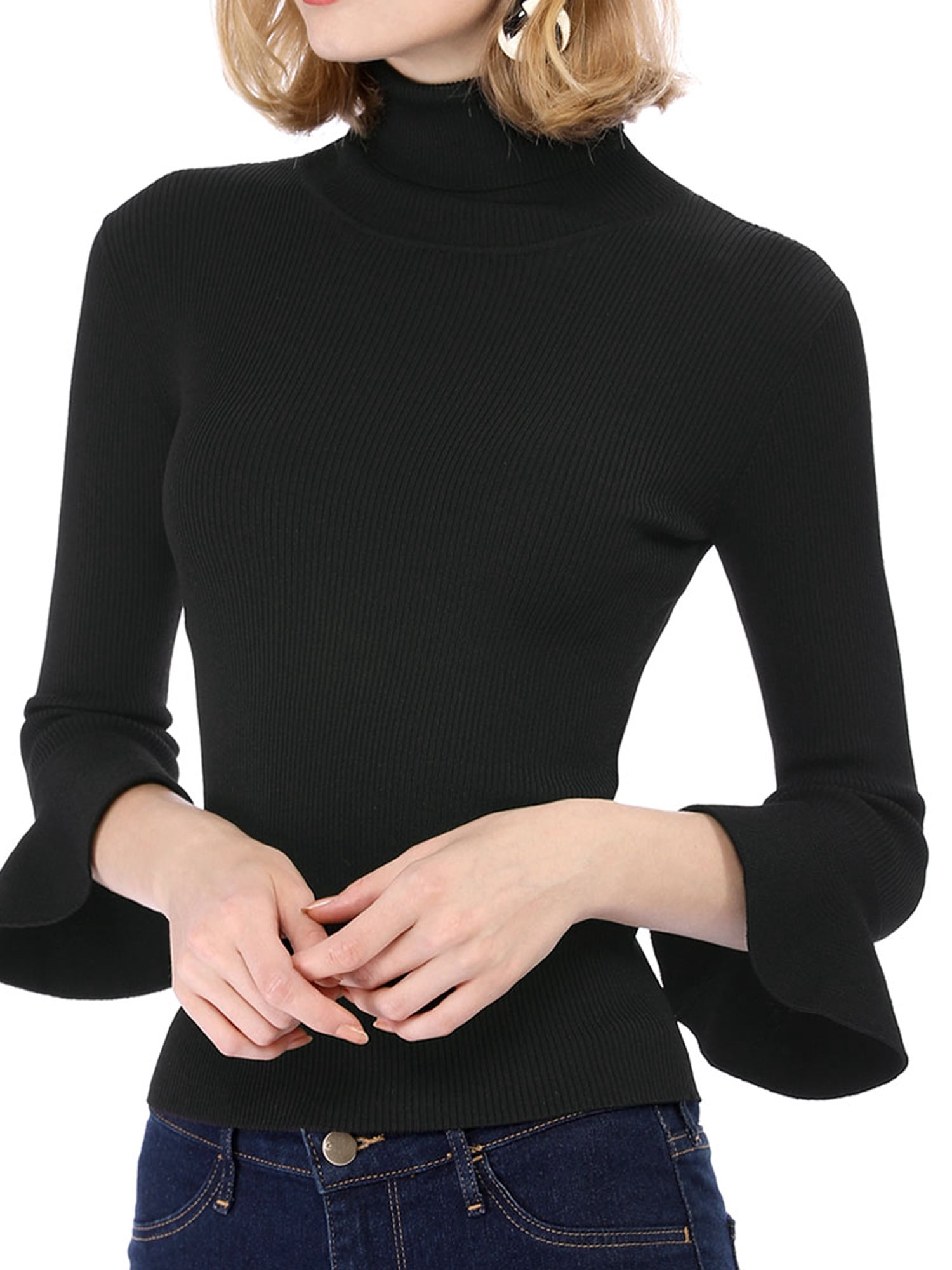 DARING DIVA Women's Ruffle Sleeves Pullover Knit Turtleneck Sweater L Black
