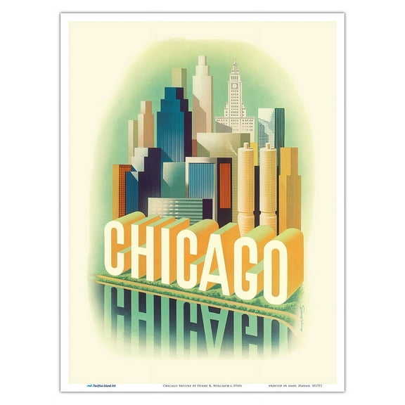 Chicago Illinois - Chicago Skyline - Vintage Airline Travel Poster by Henry K. Bencsath c.1950s - Master Art Print (Unframed) 9in x 12in