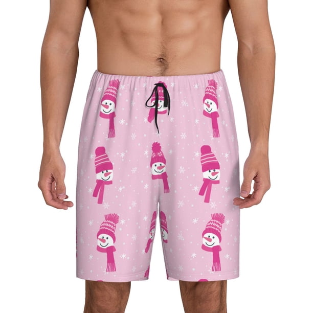Balery Pink Scarf Snowman Pantalones cortos de pijama de punto de algodón para hombre con cinturilla y bolsillos-4X-Large