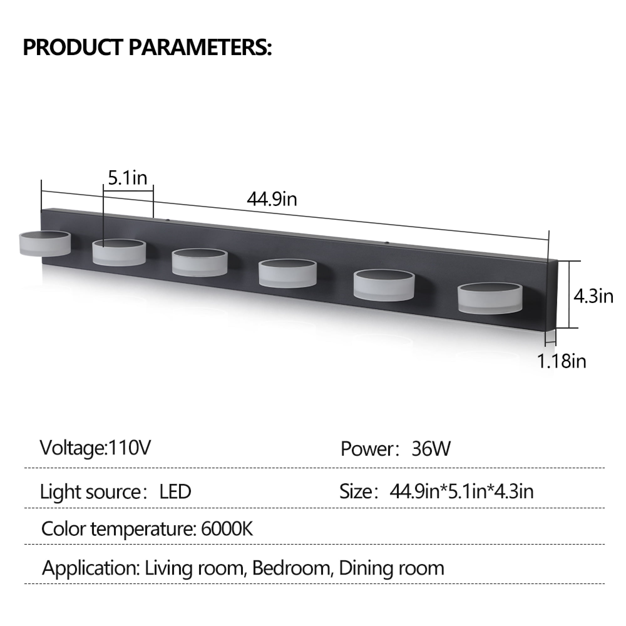 Leumius Modern 6-Light LED Vanity Light Fixture, Black Finish with Acrylic Light Shades, Energy-Efficient Bathroom Wall Sconce, Dimmable for Mirror, Shower and Bathroom Decor