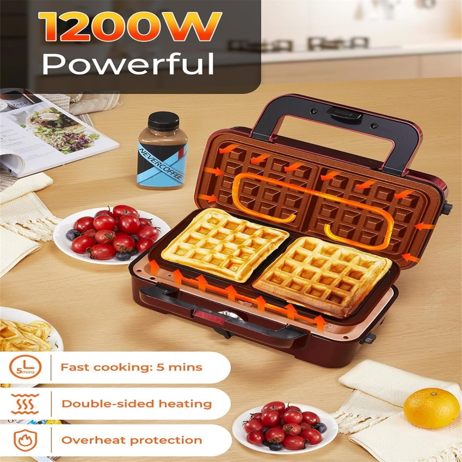 Sandwich Maker, 3 in 1 Waffle Maker with Removable Plates, 1200W Panini Press with Interchangeable Non-Stick Plates, Indicator Lights, 5-gear Temperature Control (Red)