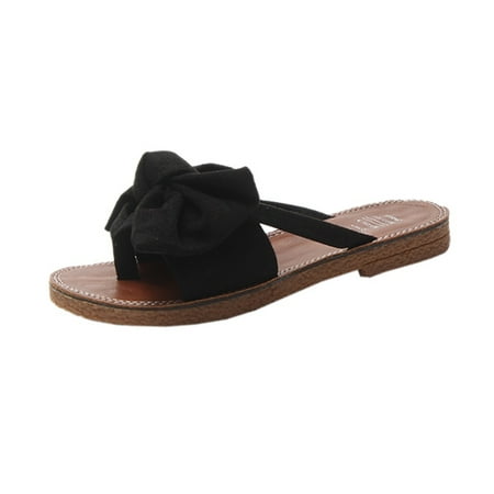 

Womens Bowknot Flat Flip Flop Anti Slip Bottom Comfortable Cloth Strap Flip Flops Casual Cute Girls Thong Sandals Soft Lightweight Sandals Shower Beach Pool Bathroom Flat Slides Shoes 5-7.5 Black