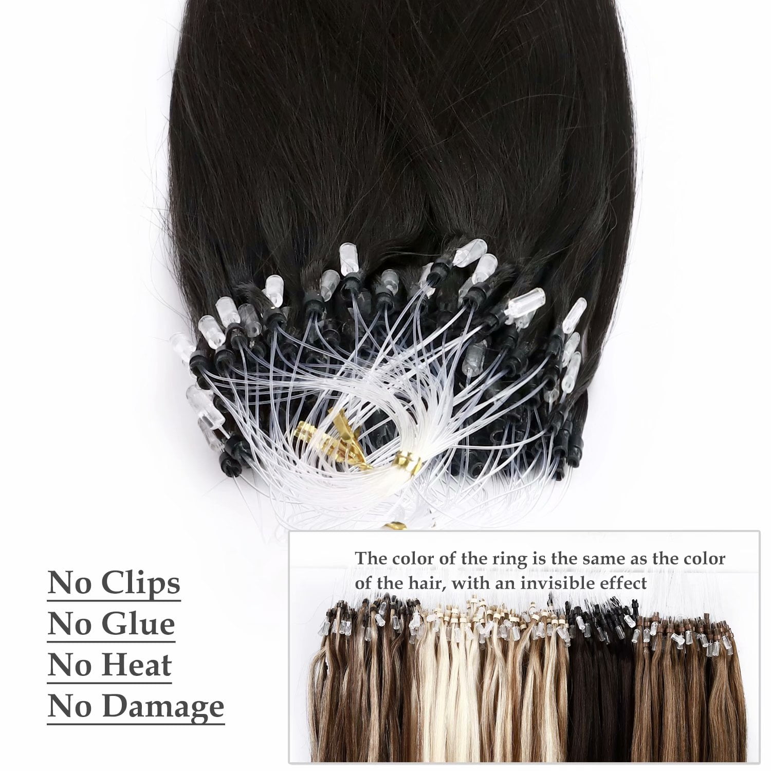 Benehair Human Hair Extensions Micro Ring Micro Beads Easy Loop 100% Remy Hair Extension Micro Link Hair 1g/Strand 50g Black Pre Bonded Soft