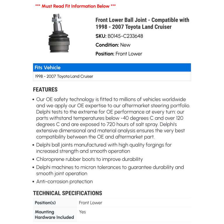 Front Lower Ball Joint - Compatible with 1998 - 2007 Toyota Land