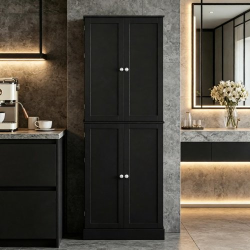 65.4" Tall Kitchen Pantry Cabinet, Black Freestanding Storage Cabinet with 8-Tier Shelves, 16 Door Shelves & Adjustable Shelving for Kitchen, Dining Room