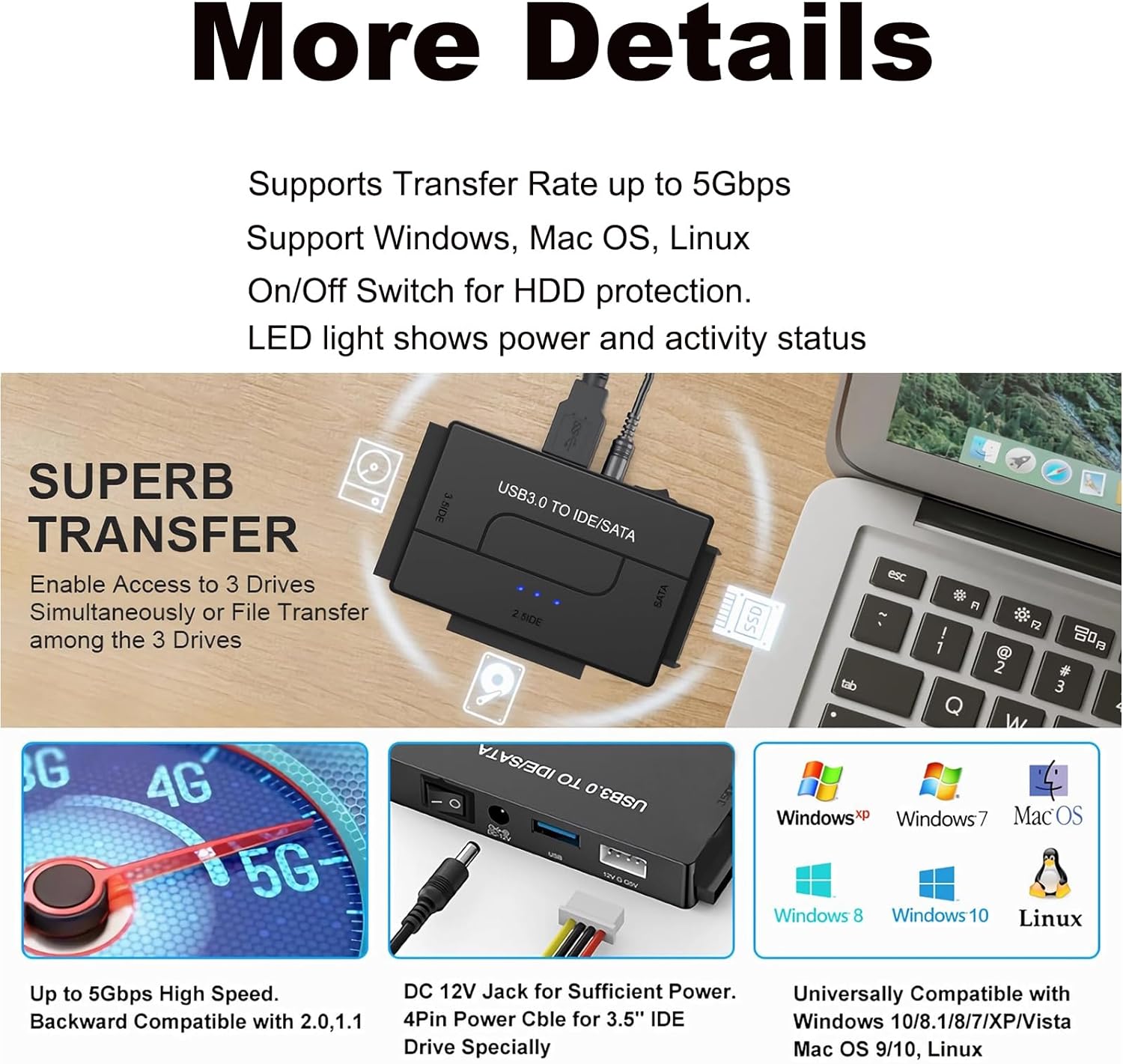 AUBEAMTO USB 3.0/USB C to SATA and IDE Adapter, External Hard Drive Ultra Recovery Converter for Universal 2.5 3.5 IDE and SATA HDD SSD, 5.25-inch DVD/CD-ROM Optical Drive, Easy to Use