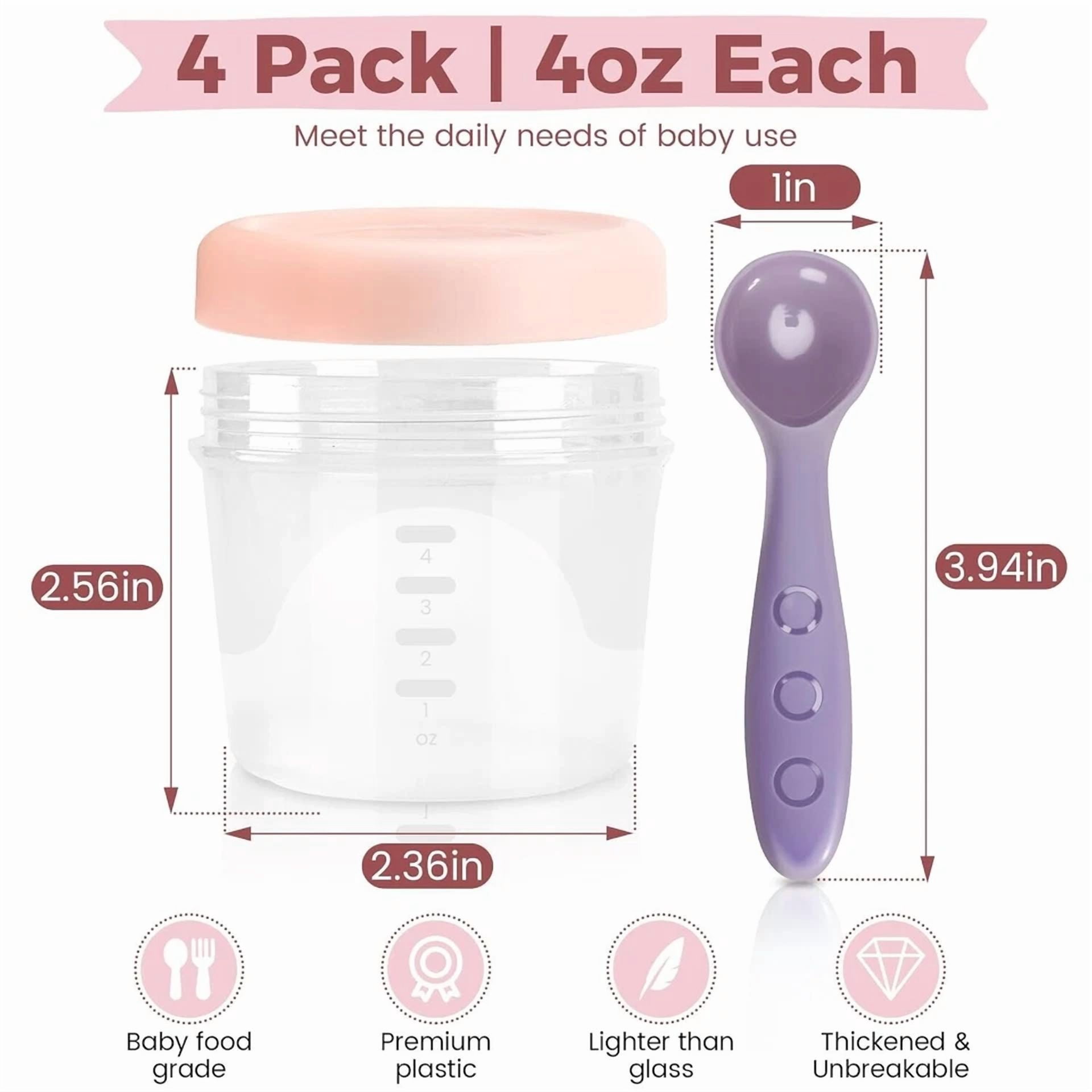 4 Pack Baby Food Storage Containers - 4 Oz Jars W/ Airtight Lids, Tray & Scoop