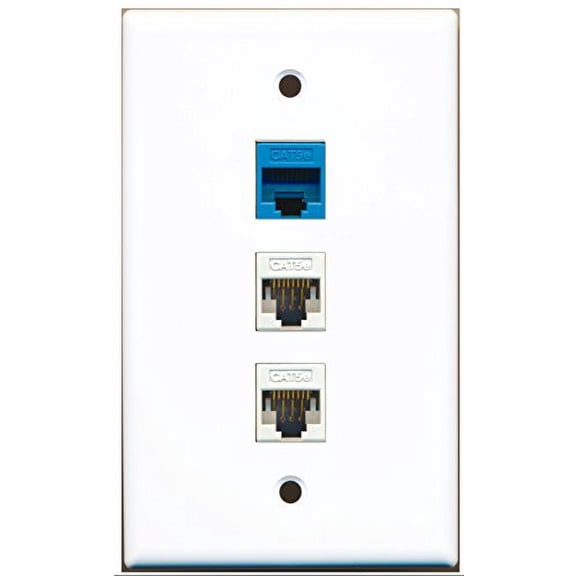 RiteAV - 2 Port Cat5e Ethernet White 1 Cat5e Ethernet Blue Wall Plate