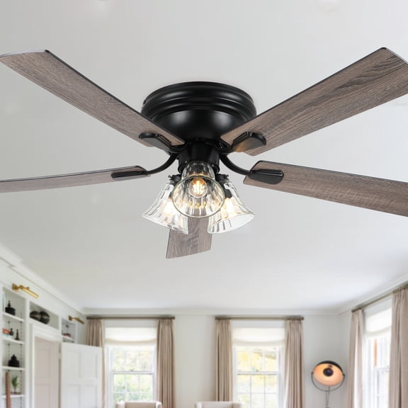 Bella Depot 52" Black Modern Flush Mount Ceiling Fan with Light and Remote Control 6-Speed Reversible DC Motor