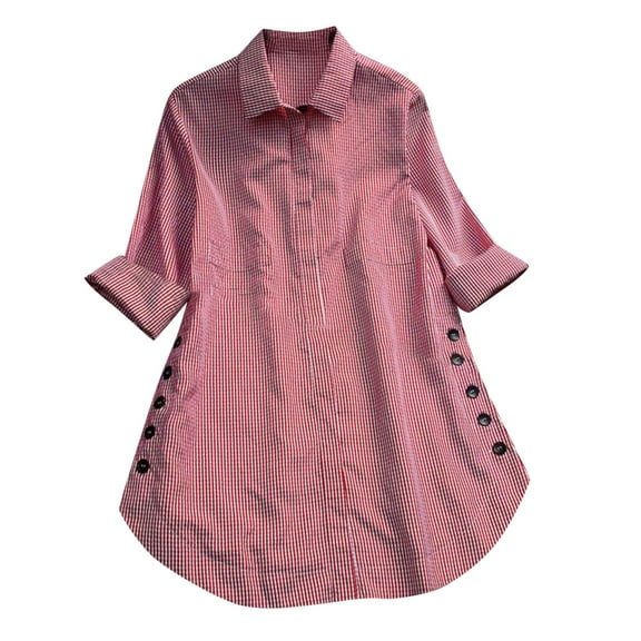 Oversized Plaid Shirts for Women Turndown Collar Long Sleeve Loose T Shirts Tops Side Button Work Office Blouses