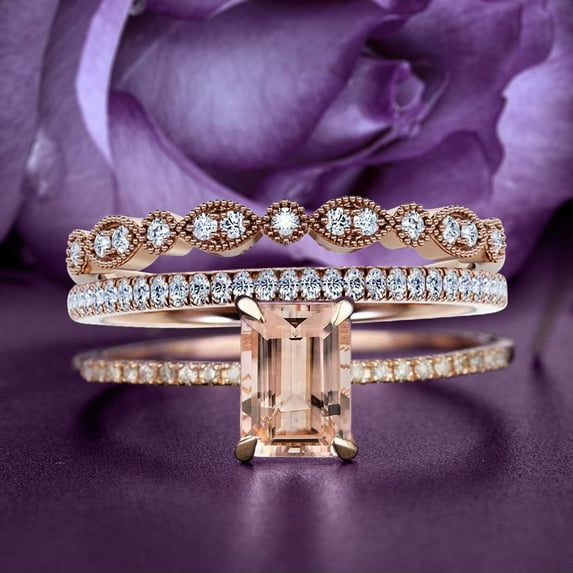 Trio Rings Set Dazzling Art Deco 2.25 Carat Emerald Cut Morganite And Diamond Moissanite Antique Engagement Ring, Wedding Ring in 10k Solid Rose Gold, Gift For Her, Promise Ring, Anniversary Ring