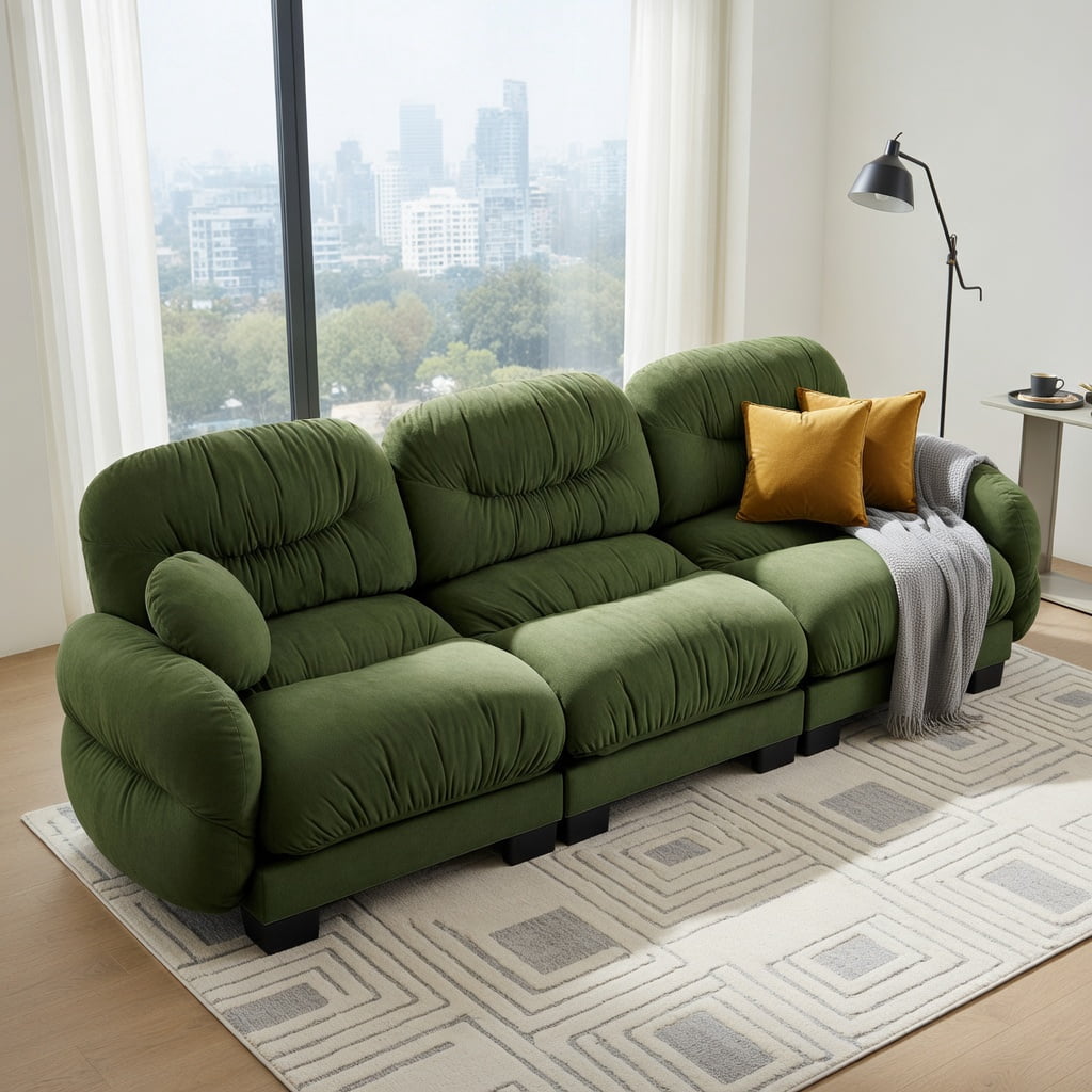 Hommoo Chenille 3-Seat Modular Sofa with Pleated Back, Ergonomic High-Density Foam Cushions, Curved Armrests & 2 Round Throw Pillows, Green
