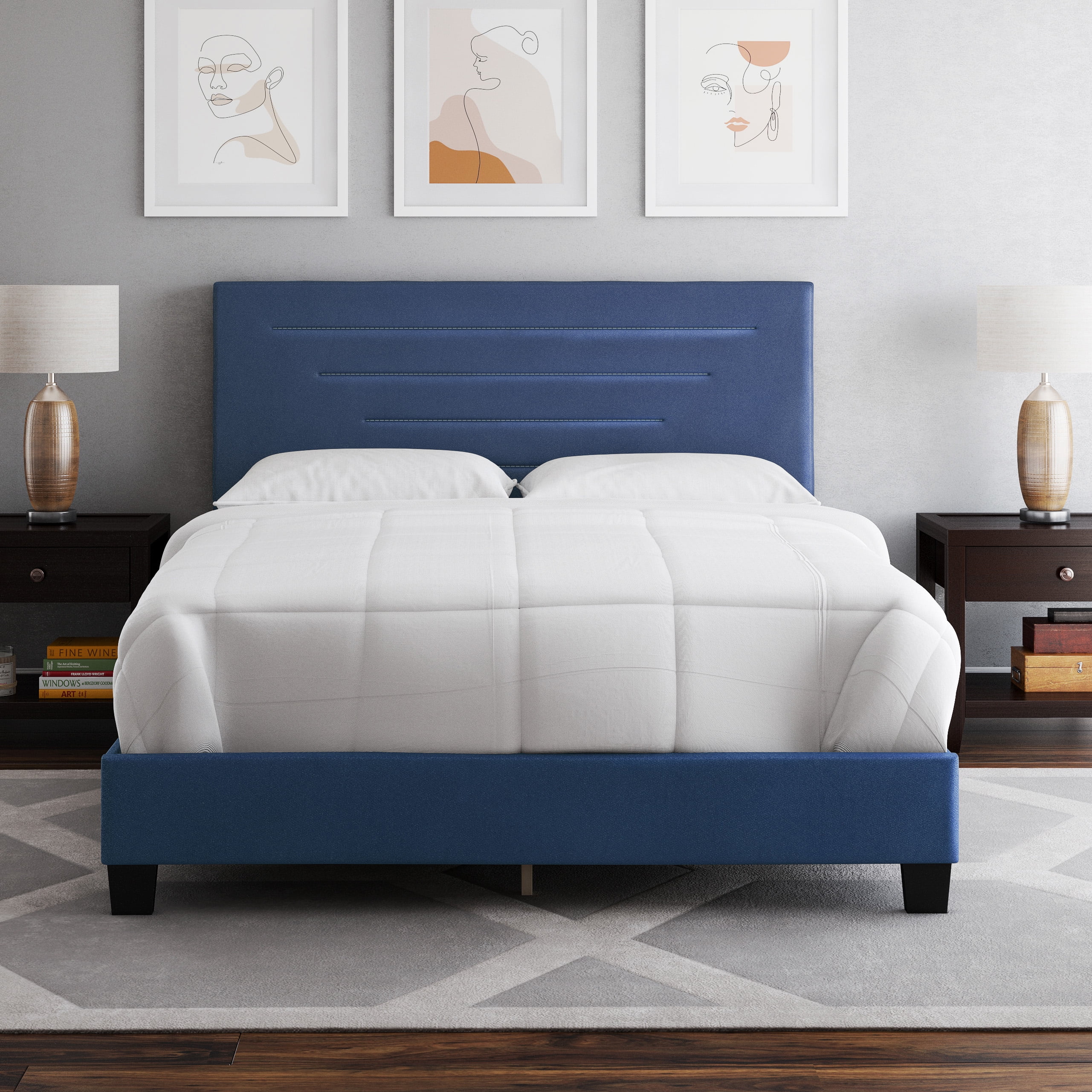 Details about   Bed Frame King Upholstered Platform Navy Wooden Slat Supprt Bedroom Furniture 
