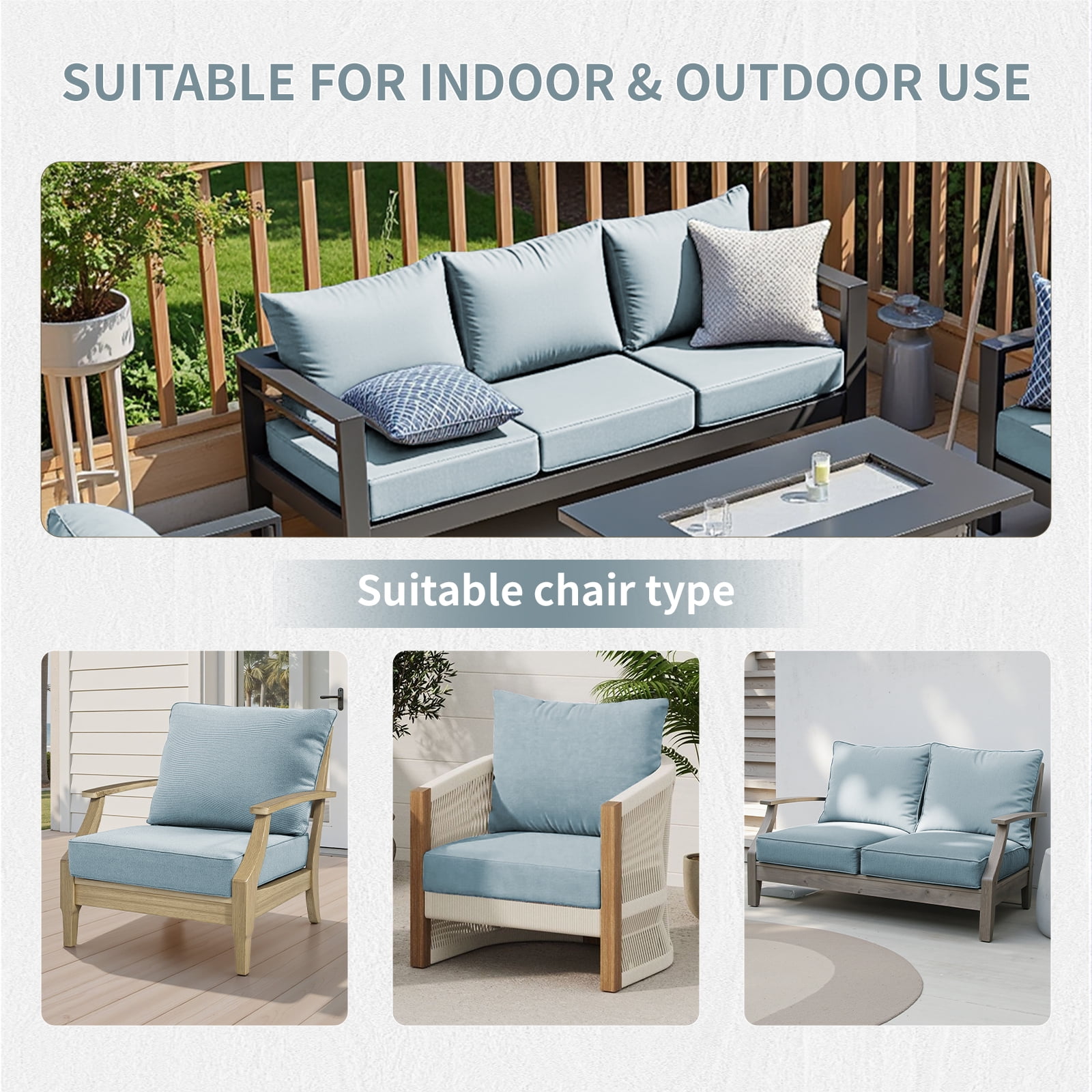 Outdoor Chair Cushions Set 24 x 24 x 6 inch, Waterproof & Fade Resistant Patio Furniture Replacement Deep Seat & Back Cushions for Patio Chair Sofa Couch, Baby Blue