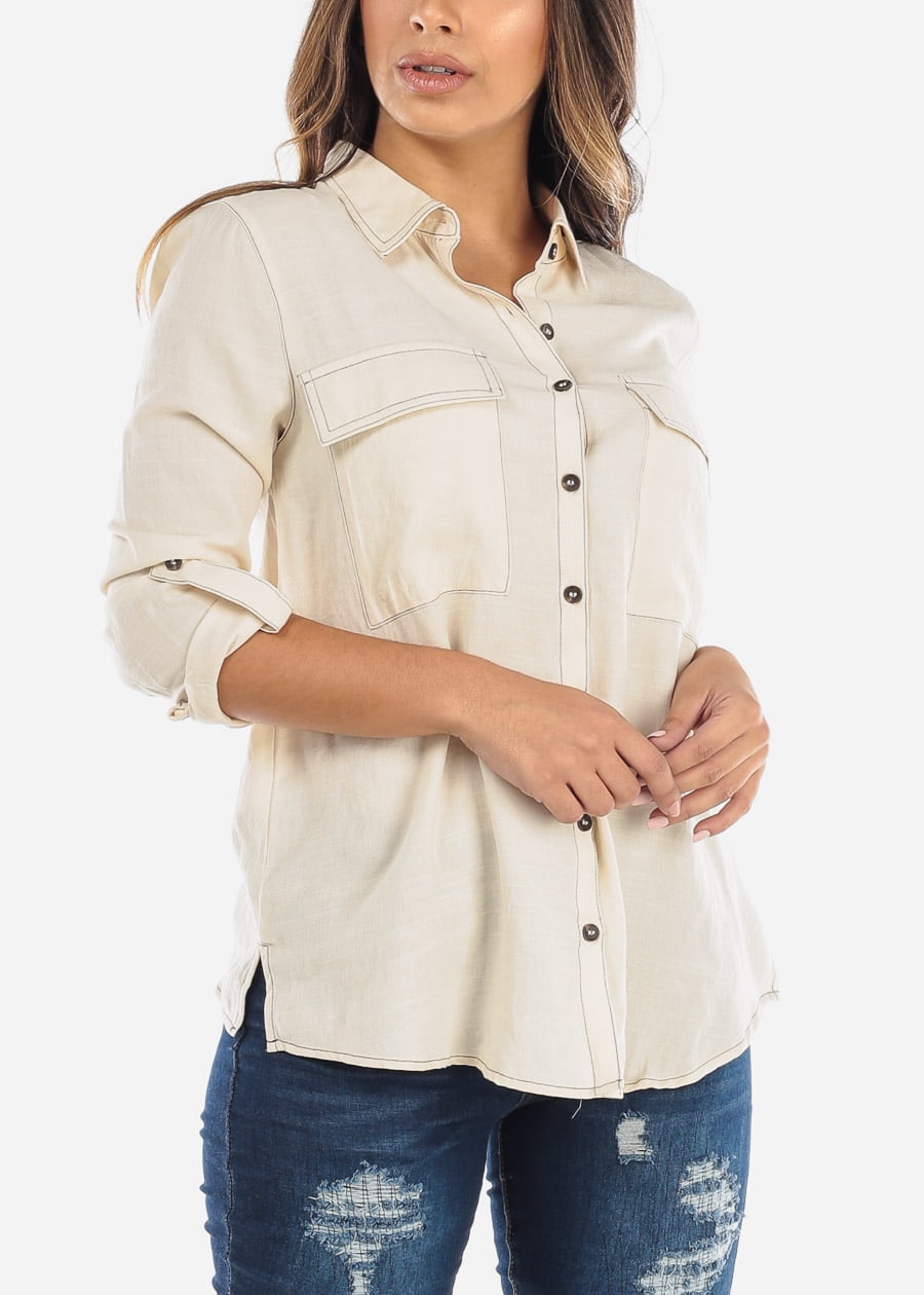 Moda Xpress Womens 3/4 Sleeve Shirt Button Up Ivory Top 41360C