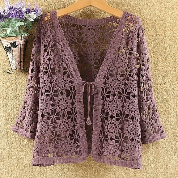 Women V Neck 3/4 Sleeve Crochet Lace Shirt Jacket Tie Front Cardigan Womens Sweater Duster Long Trench Cardigan for Women Cardigans for Women Fall Women Sweaters for Fall And Winter Cardigan Sweaters