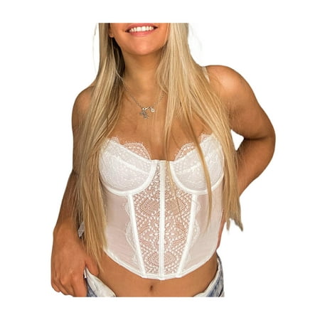 

Women Lace Mesh Bustier Fish Boned Push Up Sheer Spaghetti Straps Going Out Corset Crop Top Camisole with Underwire