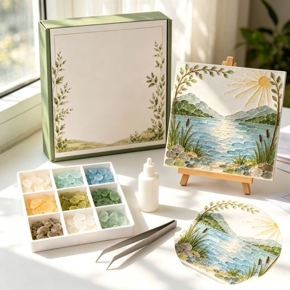 Sea Glass Mosaic Art Gift Kit, DIY Handmade Craft Set with Colorful Glass Pieces, Multiple Nature Patterns, Creative Present for Craft Lovers Home & Office Decor