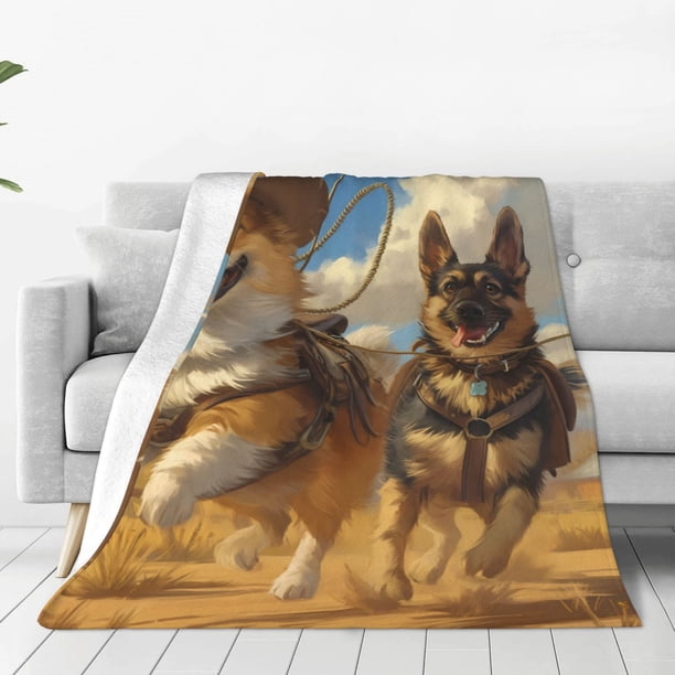 Fotbe Farm Corgi German Shepherd Manta de Franela Acolchonada con Estampado, Súper Suave y Esponjosa, Extra Grande para Sofá, Cama, Uso Todo el Año-80"x60"