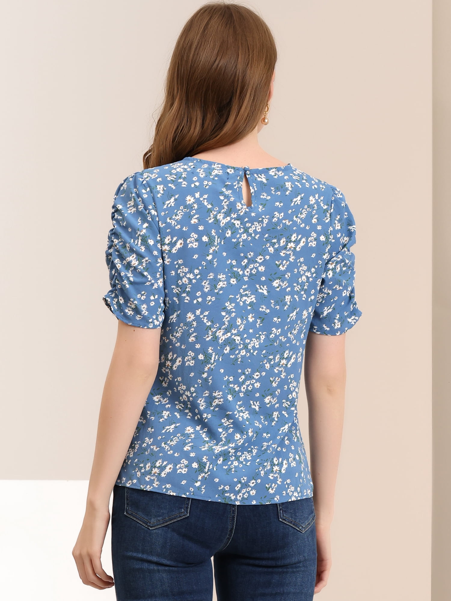 DARING DIVA Floral Crew Neck Shirred Short Sleeve Casual Top XL Blue White