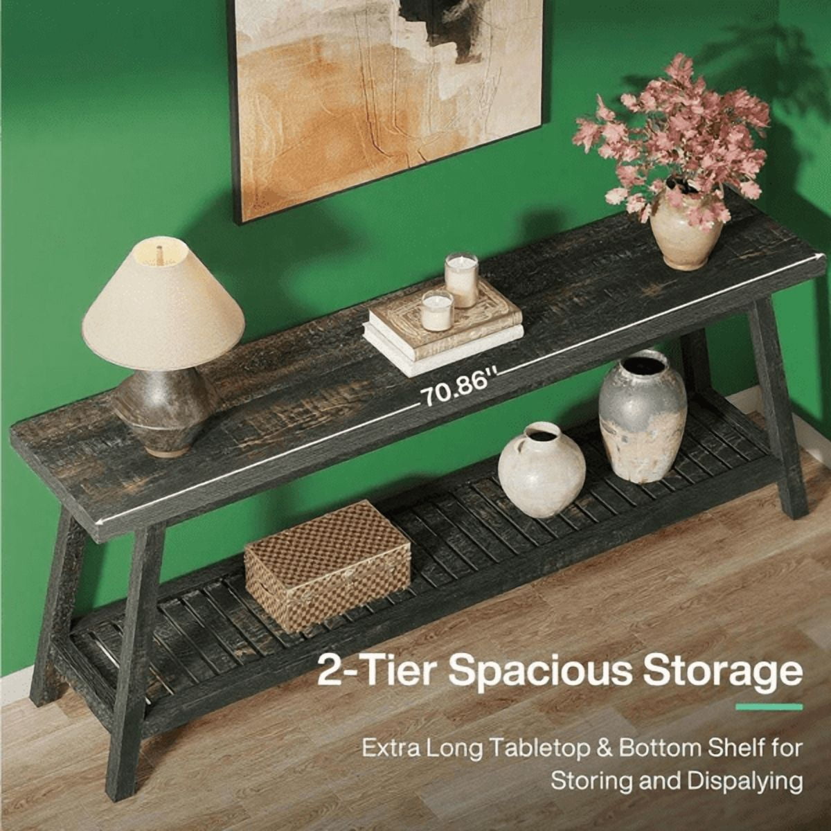 70.9" Farmhouse 2-Tier Console Table - Vintage Wood Grain, 1.97" Thick Engineered Wood, Sturdy Trapezoid Base for Entryway, Hallway, Behind Couch