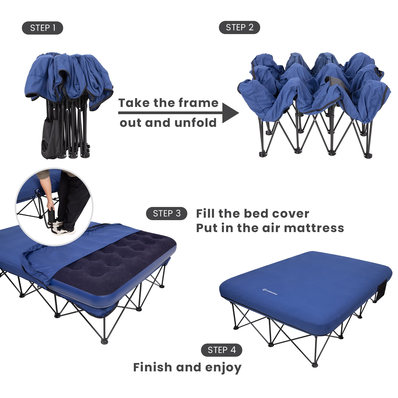 FUNDANGO 2 Person Oversized Folding Camping Cot with Air Matress, Double Outdoor Foldable Bed Cot Support 660lbs, Brushed Microfiber Queen Camping Bed for Adults with Side Table, Navy Blue