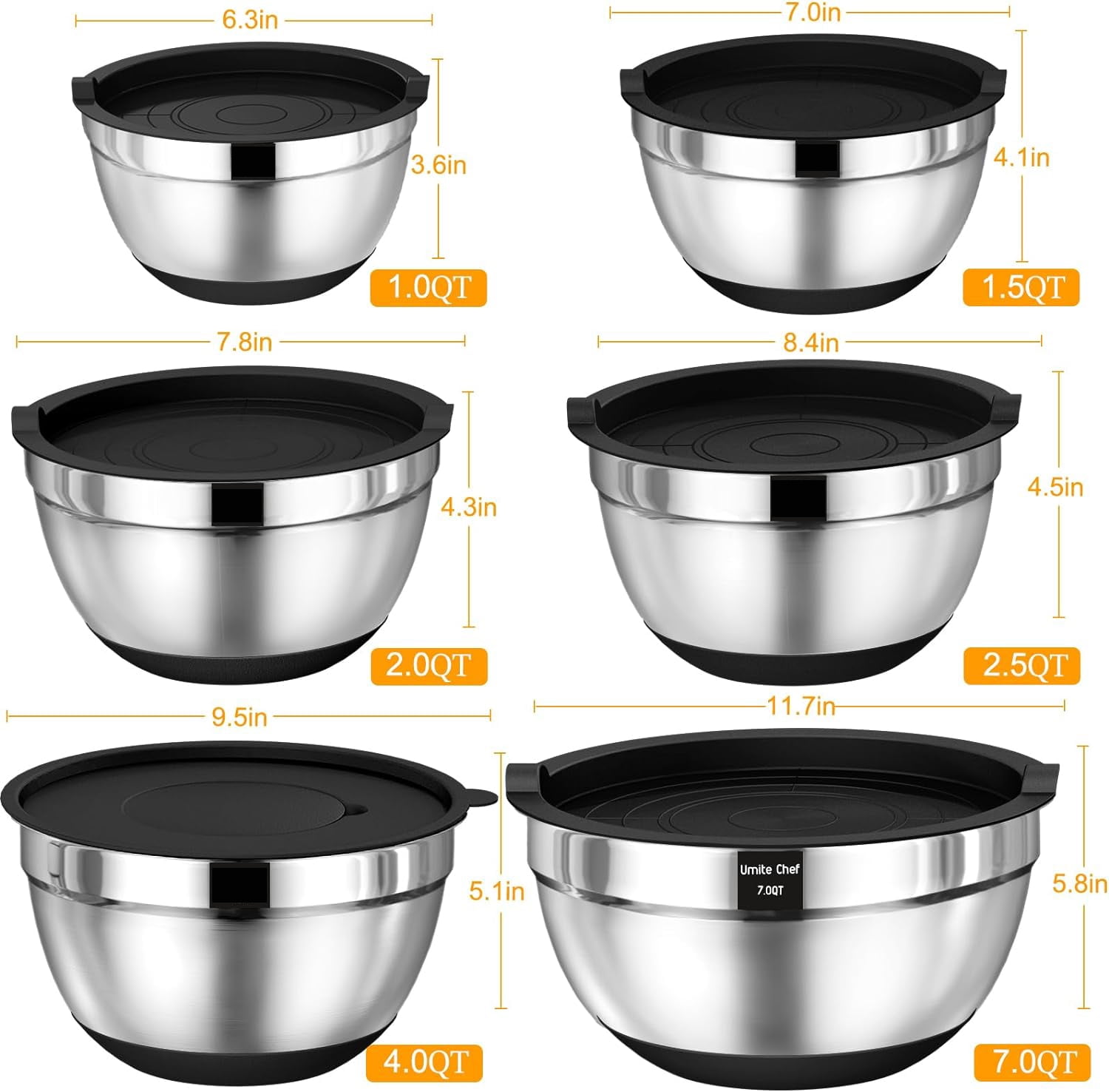 Mixing Bowls with Airtight Lids, AOKIWO 32Pcs Stainless Steel Nesting Non-Slip Bottoms Mixing Serving Bowls Set wtih 3 Grater & Tools Gadgets, 7/4/2.5/2/1.5/1QT Metal Salad Bowls for Serving Preppi