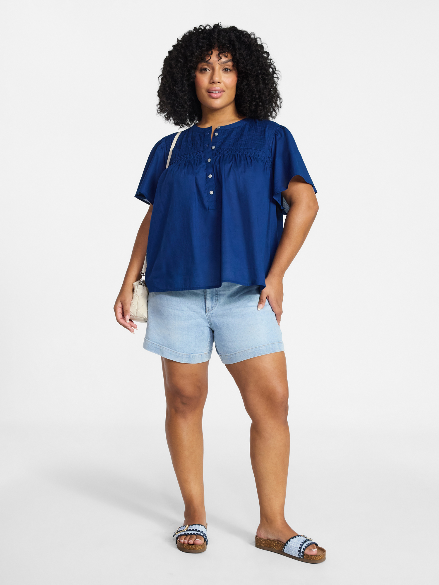 Terra & Sky Women’s Pleated Yoke Top with Short Flutter Sleeves, Sizes 0X-5X