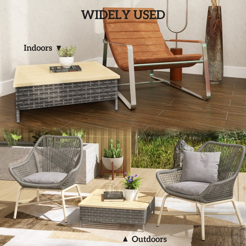 HOQBN Outdoor Side Table with PE Rattan, Patio End Table with Natural Fir Wood Top, Weather-Resistant Accent Table for Patio, Pool, Porch, Gray