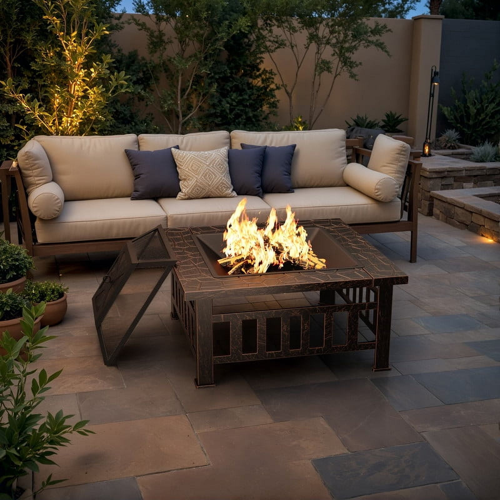 Devoko Outdoor 32" Square Metal Fire Pit with Cover and Poker, Brown
