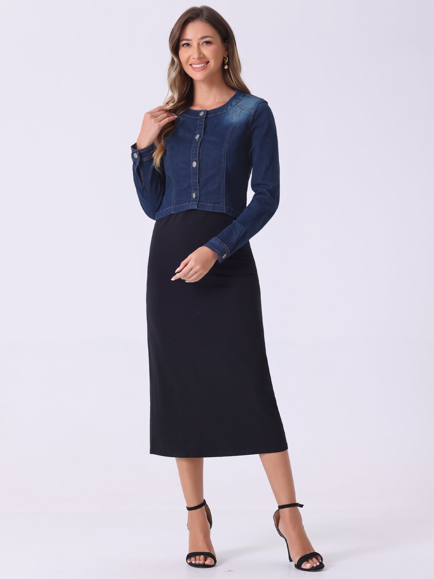 DARING DIVA Women's Collarless Button Down Long Sleeve Denim Jacket S Black Blue