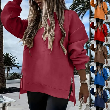 Hfnxid Womens Hoodies Loose Fit Long Sleeve Blouse Fashion Solid Going Out Sweatshirt Casual Comfy Fashion Pullover Hoodies Wine M