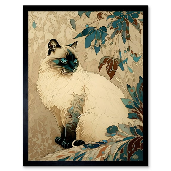 Blue Point Ragdoll Cat and Plant Pattern Art Nouveau Modern Illustration Art Print Framed Poster Wall Decor 12x16 inch