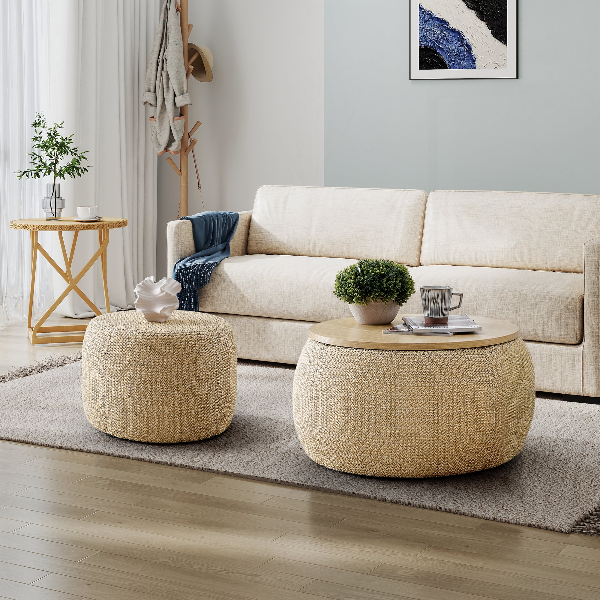 Aukfa 2pc Round Storage Ottoman, Woven Rattan Pouf Foot Rest Stools, Coffee End Table for Living Room, Bedroom, Dorm, Beige