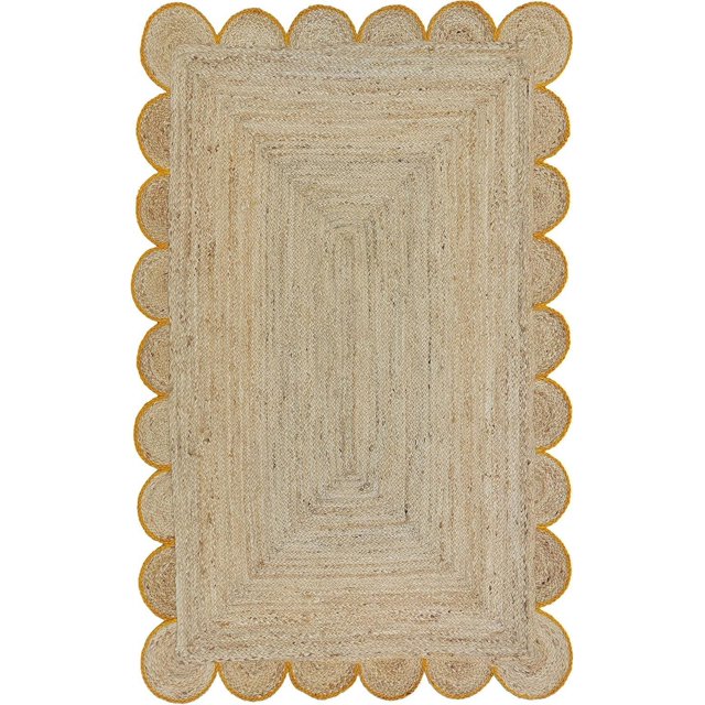 Hand Woven Farmhouse Jute Area Scalloped Rug Natural Scallop Pattern Jute Bohemian Base Yellow Trim Rug (Yellow, 7'x7')