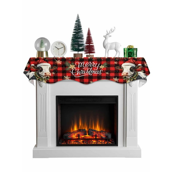 Christmas Mantel Scarf Fireplace Decorations for Living Room, Winter Cow Snowflake Red Black Buffalo Plaid Fireplace Mantel Scarf Cover Runner for Halloween/Thanksgiving/Christmas Decor 90"x17"