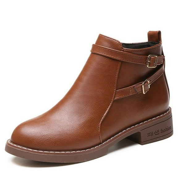 CHICVOMEY Women's Ankle Boots Side Zip with Buckle Strap Chunky Low Heel Zipper Booties Slip On Casual Fashion Boots