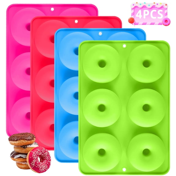 Silicone Donut Mold 6 Cavity Non-Stick Donut Pan, Muffin Baking Tray Donut Baking Tin for Bagels Cake Biscuits, 4 Pack 4 Colors