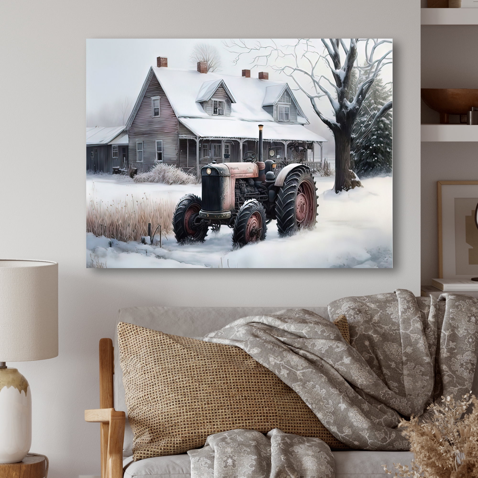 Designart Tractor At The Barn In Winter I Canvas Wall Art