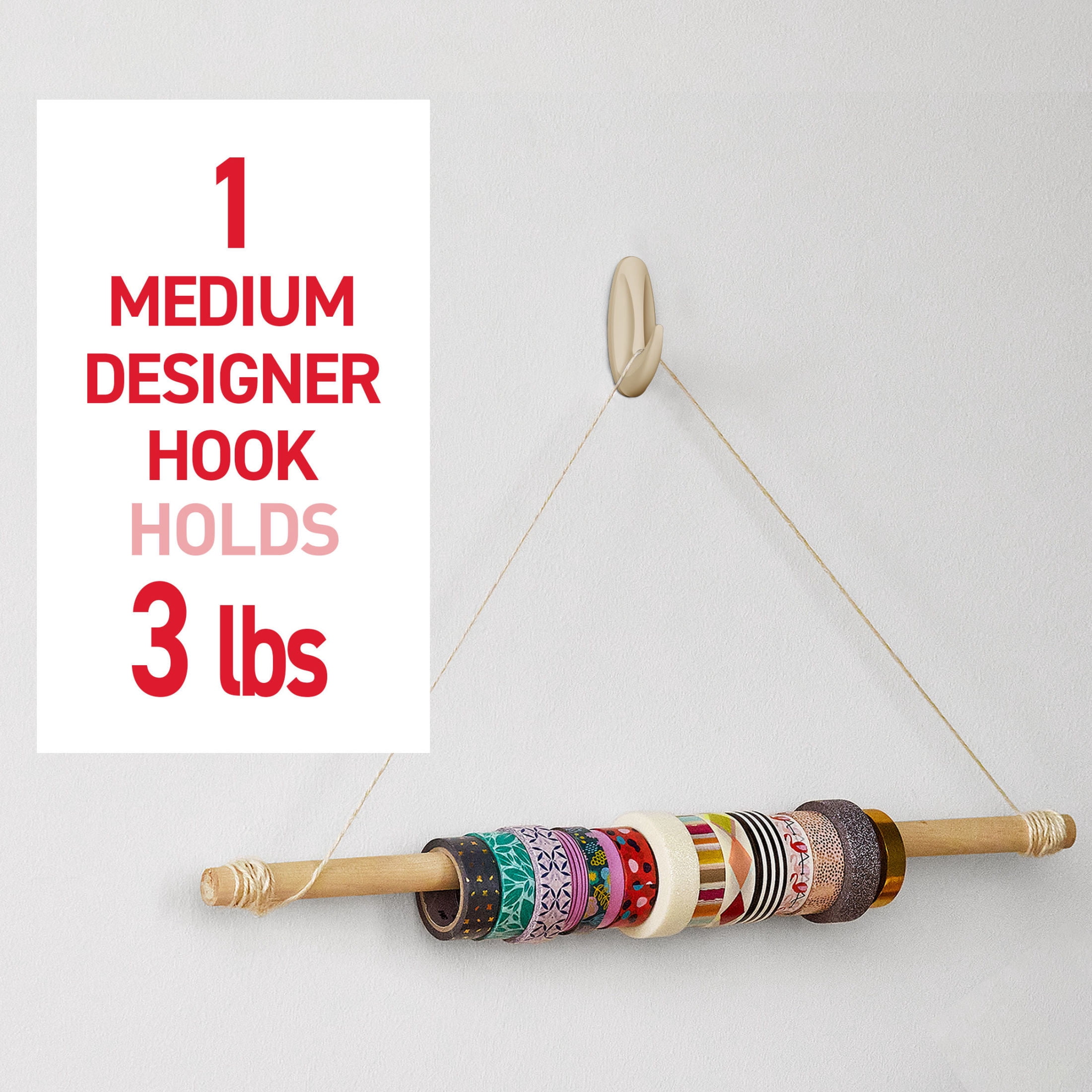 Command Medium Designer Hooks, Latte, Holds 3 lbs, 4 Hooks, 6 Adhesive Strips