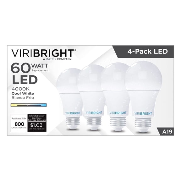 Viribright® A19 LED Bulb, E26, Screw Base, 8.5W, Economy, 60W EQ, Non-Dimmable, Cool White 4000K (4 Pack)