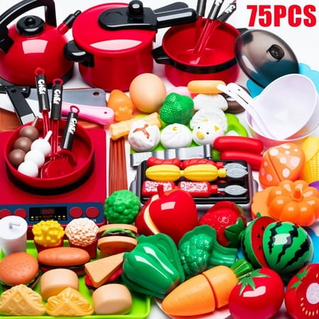 Kids Cooking Sets 75pcs Play Food Sets for Kids Kitchen Kids Kitchen Accessories Set with Play Pots and Pans Utensils Cookware Toys Kids Kitchen Playset Play Kitchen Toy for Girls Boys
