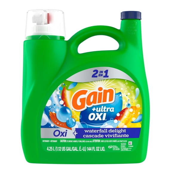 Gain Ultra Oxi Détergent à Lessive Liquide, Parfum Cascade Vivifiante, Fraîcheur + Lutte contre les Odeurs, Savon Nettoyant Liquide pour Laveuse à Haute Efficacité, 4.25 Litresm 100 Brassées