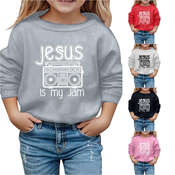 WAYUTE Sweatshirts for Girls Long Sleeve Boombox Letter Print Crewneck Sweatshirt for Toddler Kids Fall Winter Outfit Casual Streetwear,Gray,Size 4-5 Y