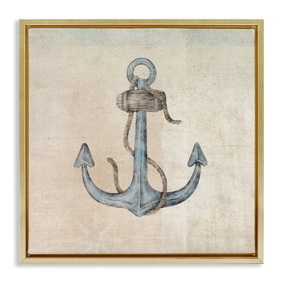 Stupell Industries Rustic Maritime Anchor Nautical & Beach Painting Gold Floater Framed Canvas Art Print Wall Art, 18 x 18
